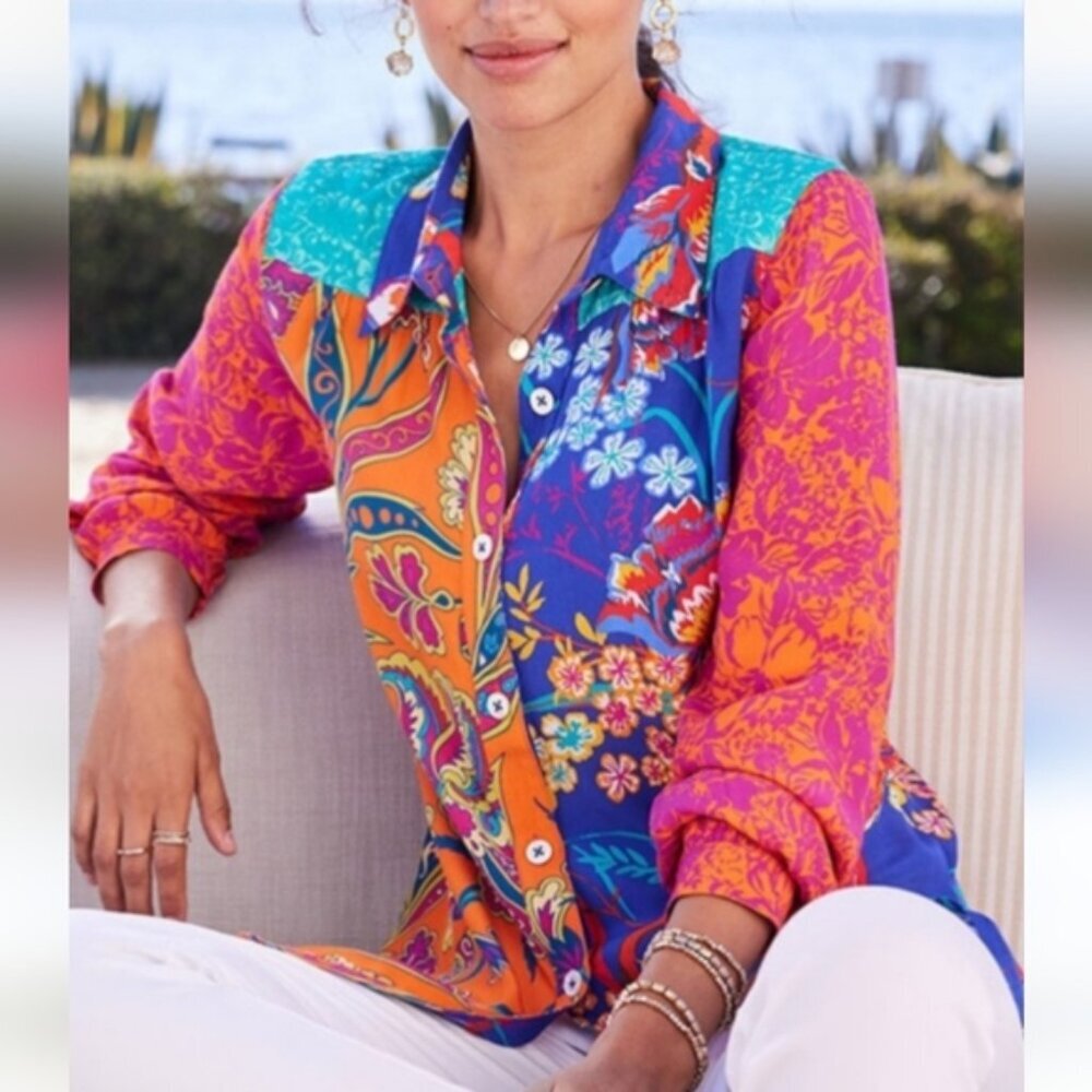 SOFT SURROUNDINGS Hermosa Top 3X Floral Multi color Print Blouse w/ Embroidery